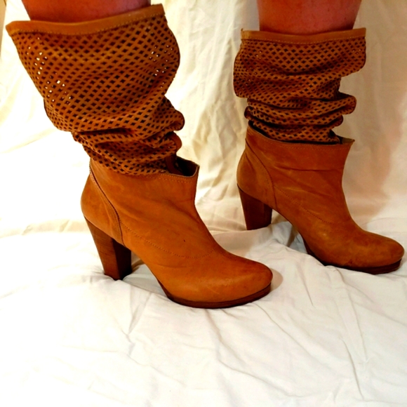 Milen Tall Leather Carmel Mesh Slouch Ankle Boots Made In Italy Woman Size 40 - Picture 2 of 5